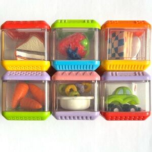 6 Vintage Fisher-Price Peek-A-Boo Blocks. 4 Food, 1 Car, 1 Sensory Themed. #3